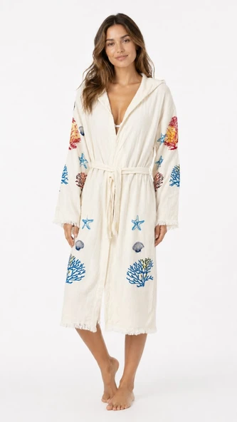 Kadın Müslin Plaj Kimonosu Kapüşonlu %100 Pamuk Baskılı Yazlık Kimono Bornoz ürün görseli 1