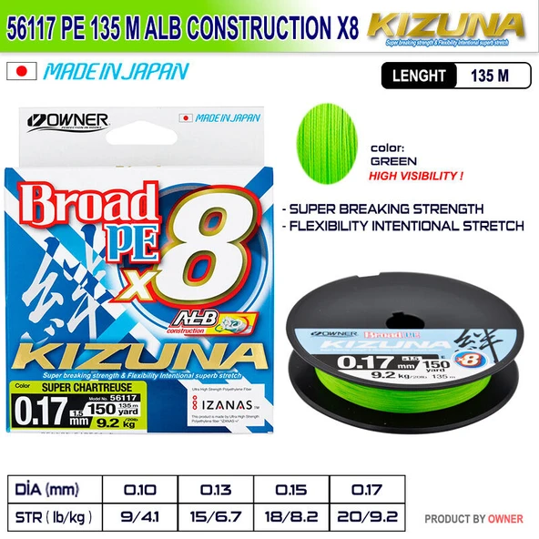 Kizuna 56117 Pe 135m Alb Construction x8 Super Chartreuse İp isina  0,17mm ürün görseli 1