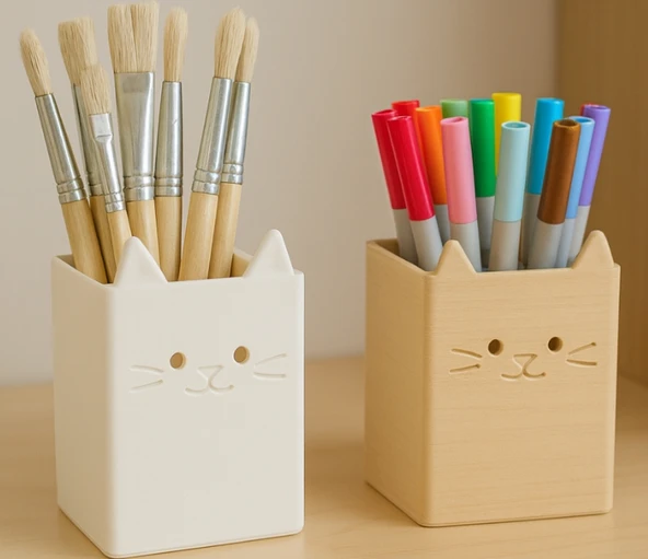 Minimalist Kedi Kalemlik - Sevimli Masa Düzenleyici - Estetik Ofis ve Sanat Malzemesi Kutusu - 3D Yazıcı Modeli STL ürün görseli 1