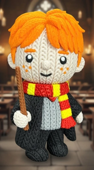Örgü Desenli Ron Weasley Figürü - 3D Baskı Amigurumi Görünümlü Harry Potter Koleksiyon Biblosu ürün görseli 1