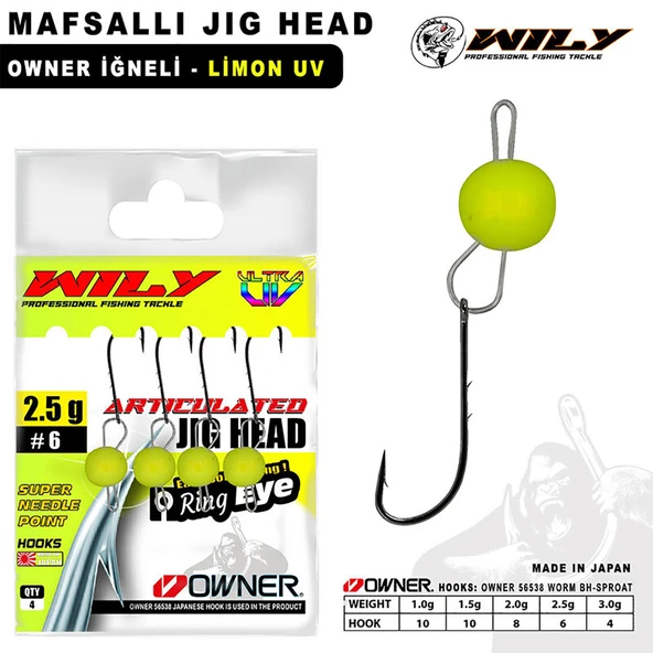 Wily Mafsallı Jig Head 4 Adet Owner İğneli - Limon  2 gr - 8 No ürün görseli 1