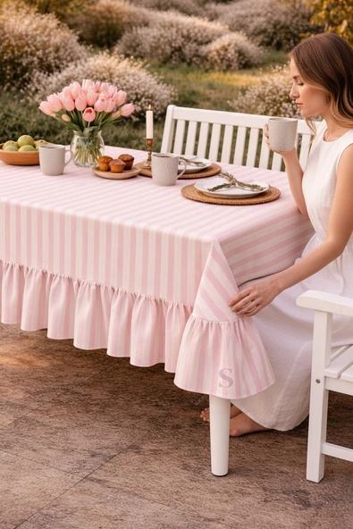 Buldan Keteni Fırfırlı Vintage Pembe çizgili Masa Örtüsü ürün görseli 1