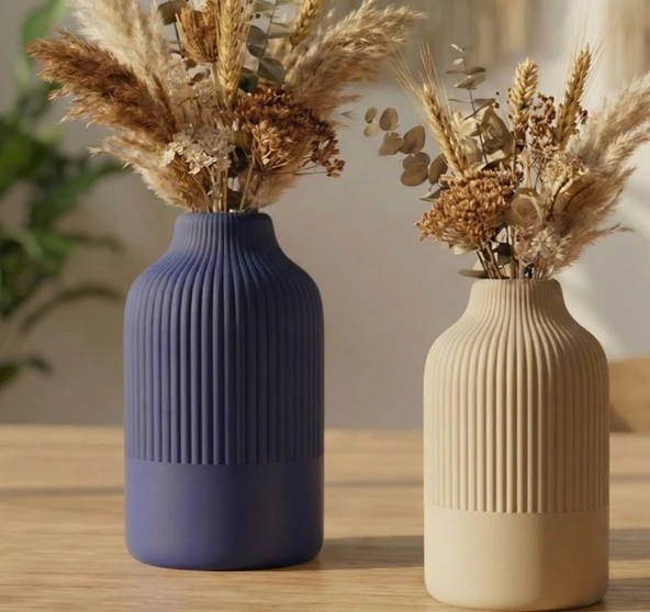 Modern Çizgili Dekoratif Vazo - Minimalist İskandinav Stil Çiçeklik ve Obje ürün görseli 1
