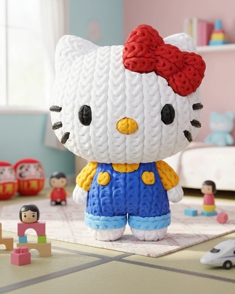 Örgü Desenli Hello Kitty Figürü - 3D Baskı Amigurumi Görünümlü Sanrio Koleksiyon Biblosu ürün görseli 1