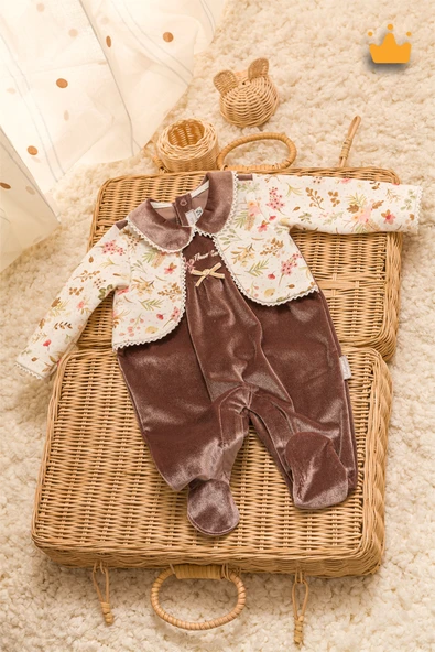 Kadife Patikli Kız Bebek Tulum 0-12 Ay Retro Ceketli Görünümlü Hediyelik Nostaljik Bayramlık 13433 ürün görseli 1