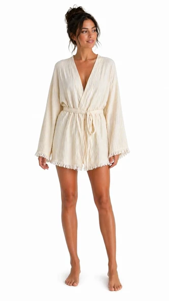 Kadın Ekru Müslin Kimono Bornoz – Kuşaklı, Püskül Detaylı, Oversize Rahat Kesim Plaj & Ev Giyim ürün görseli 1