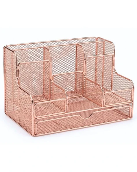 Temel Rose Gold Metal Mesh Masaüstü Organizer Çekmeceli Çok Bölmeli 25x17x16 cm 9527R ürün görseli 1