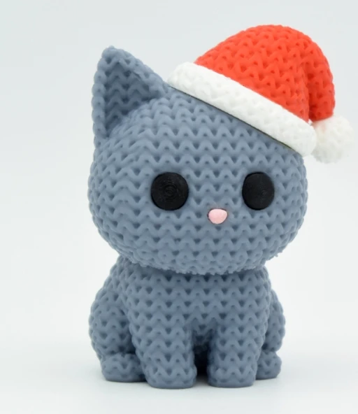 Örgü Dokulu Noel Şapkalı Gri Kedi - 3D Yazıcı Özel Tasarım Biblo ürün görseli 1
