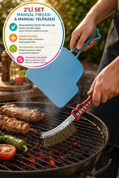 2’li Mangal Seti Izgara Temizleme Fırçası Tel + Yelpaze Kömür Üfleme Barbekü Aksesuarı ürün görseli 1