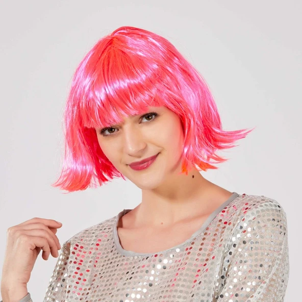 Şeker Pembe Renk Parti Peruğu Küt Saç ürün görseli 1