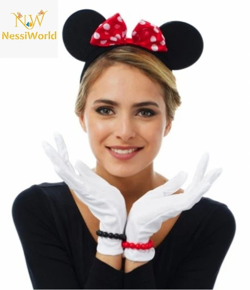 Kırmızı Fiyonklu Minnie Mouse Tacı ve Beyaz Eldiven Seti ürün görseli 1