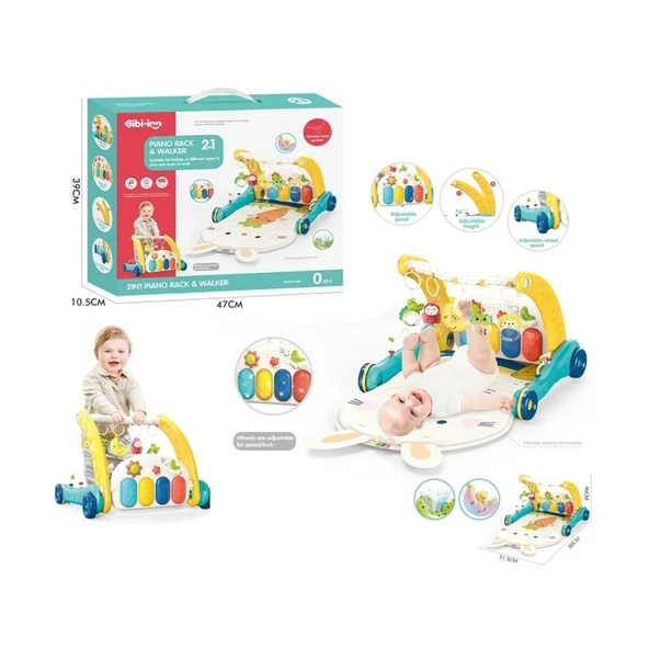 BIB6015 -Piyanolu 2 in 1 Bebek Yürüteci ve Tavşan Desenli Mavi Oyun Halısı ürün görseli 1