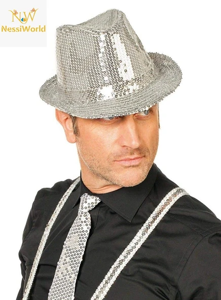 Disko Star Gümüş Payetli Fötr Şapka Yetişkin Boy ürün görseli 1