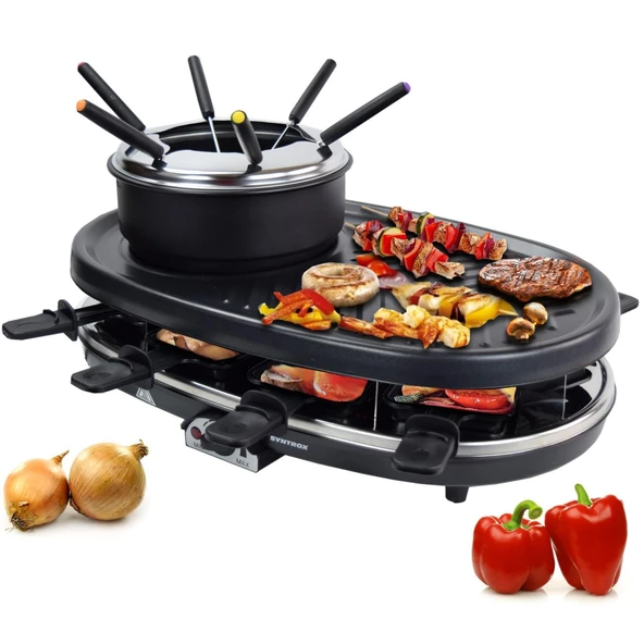 Syntrox Germany Fondülü Olorti raclette ızgara, 8 kişilik 3'ü 1 arada cihaz, entegre ızgara plakası, temizlemesi kolay, yapışmaz kaplama, az yağlı ızgara ürün görseli 1