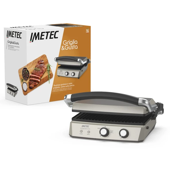 Imetec Griglia & Gusta Grill çıkarılabilir yapışmaz plakalar, üç katmanlı titanyum taş görünümlü kaplama, 7 konumlu ızgara, 3 pişirme fonksiyonu, termal kontrol, 2000 watt ürün görseli 1