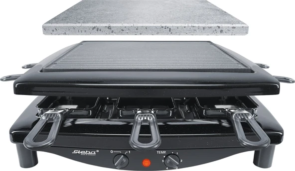Steba Made in German Raclette, ters çevrilebilir emaye dökme demir ızgara plakası + doğal taş plaka, 8 bulaşık makinesinde yıkanabilir ve emaye tava, kablo saklama ürün görseli 1