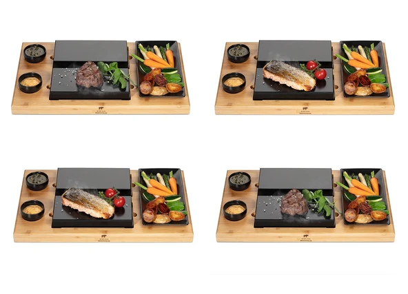 BEEFSTONE Hot Stone Lava Stone Biftek Tahtası Seti 4'lü DUE - Sıcak Taş Taş Izgara Seti, bambu tahta, lav taşı ve porselen tabak ile doğrudan sıcak taş üzerinde ızgara et ve balık ürün görseli 1
