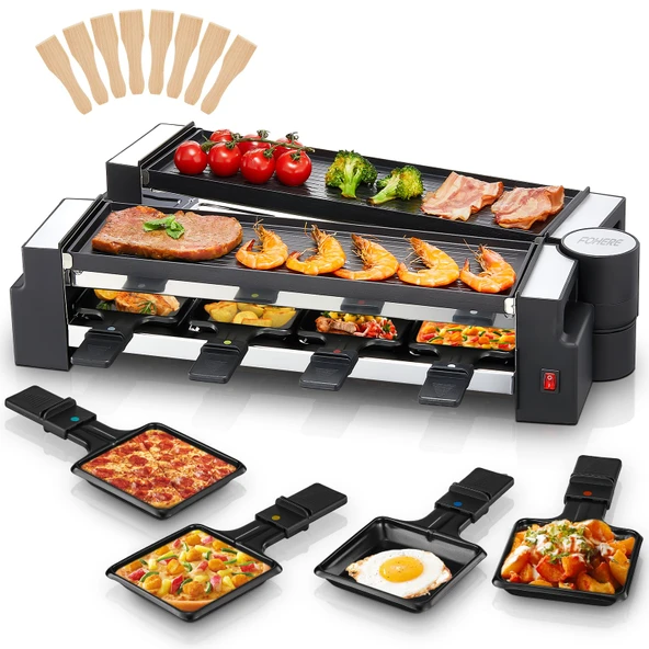 FOHERE Raclette Izgara, yapışmaz kaplamalı pişirme plakası ve 8 peynir tabağıyla 8 kişilik döner raclette, 1400 W, mat paslanmaz çelik, ev ve partiler için ideal ürün görseli 1