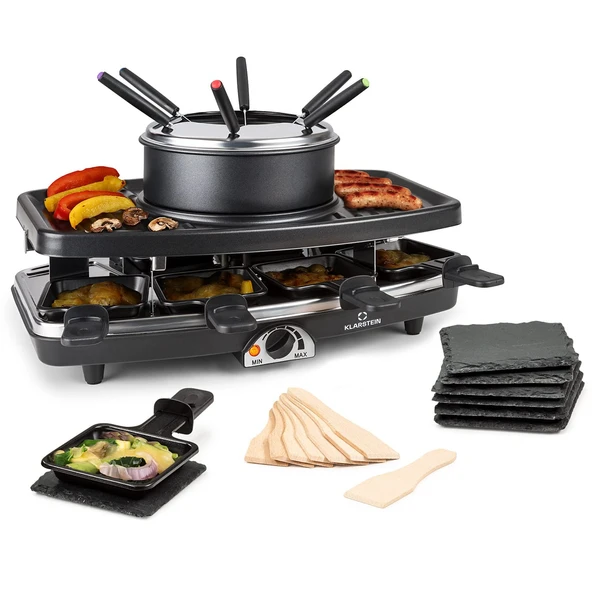Klarstein Raclette ızgara 3'ü 1 arada 100 watt taş tabaklı, 8 kişilik elektrikli raclette makinesi, 8 tava ve fondü çatallı, elektrikli raclette makinesi ürün görseli 1