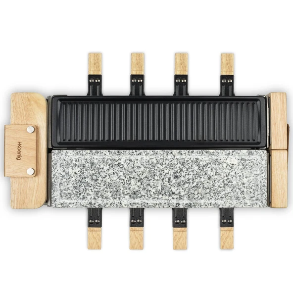 H.Koenig Raclette makinesi WOD360 8 kişilik, 1400 W, 180° dönebilen taban, doğal ahşap tasarım, 8 yapışmaz tava ve spatula, çıkarılabilir plakalar - granit taş plaka ve ızgara plakası ürün görseli 1