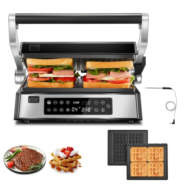 FOHERE XL temaslı ızgara çok işlevli, 4'ü 1 arada sandviç makinesi ve waffle makinesi 2200 W, 4 yapışmaz kaplamalı çıkarılabilir plaka, bireysel zaman ve sıcaklık, LED ekran, 8 program ürün görseli 1