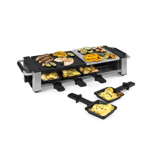 Klarstein Bistecca - Raclette ızgara, 1200 watt, 2'si 1 arada: yapışmaz kaplamalı metal ızgara plakası ve doğal taş plaka, paslanmaz çelik ısıtma elemanı, ayarlanabilir termostat, gümüş ürün görseli 1
