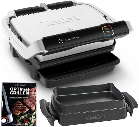 Tefal Optigrill Elite temaslı ızgara, ızgara güçlendirme fonksiyonlu 2000 watt + atıştırmalık ve fırınlama fırın tepsisi tarif kitabı | İç mekan elektrikli ızgara 12 otomatik program, paslanmaz çelik ürün görseli 1