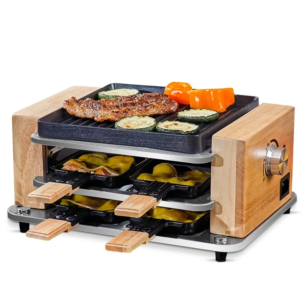 COKLAI 4 kişilik Raclette ızgara, yapışmaz kaplamalı çizgili ızgara plakalı, mini ızgara raclette cihazı, ayarlanabilir sıcaklık, 4 tava ve ahşap spatula, 4 kişilik doğal ahşap raclette, 550W ürün görseli 1