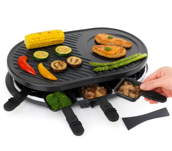 8 kişilik Raclette seti - oval ızgara - krep fonksiyonu - tavalar ve ızgara plakalı kazıyıcı dahil masa ızgarası - (YUVARLAK) ürün görseli 1