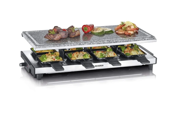 SEVERIN Raclette doğal ızgara taşlı, elektrikli masa ızgarası, 8 kişilik ızgara plakalı ve 8 tavalı raclette, plastik/paslanmaz çelik, siyah, RG 2374 ürün görseli 1