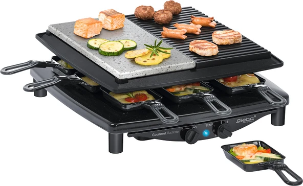 Steba Almanya'da üretilmiştir Raclette, yapışmaz döküm ızgara plakası, doğal taş ızgara plakası, 8 emaye tava, toplam ızgara yüzeyi 29 x 29 cm, RC 4 Plus ürün görseli 1