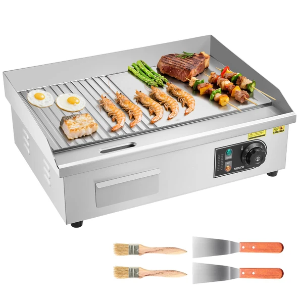 VEVOR Ticari Elektrikli Izgara Plakası 3200 W, Masa Izgara Plakası 535x300 mm Izgara Yüzeyi, Elektrikli Izgara, Yarım Yivli, Yarı Düz, 2 Spatula ve 2 Fırça ve Ayak Pedli, Biftek Krep için ürün görseli 1