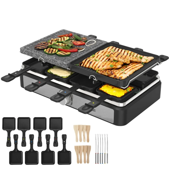 8 kişilik Raclette makinesi | Masa ızgarası | Parti Izgarası | Masif doğal taşlı ve kaplamalı ızgara plakalı elektrikli ızgara Paslanmaz çelik ısıtma elemanı | 1400 watt ürün görseli 1