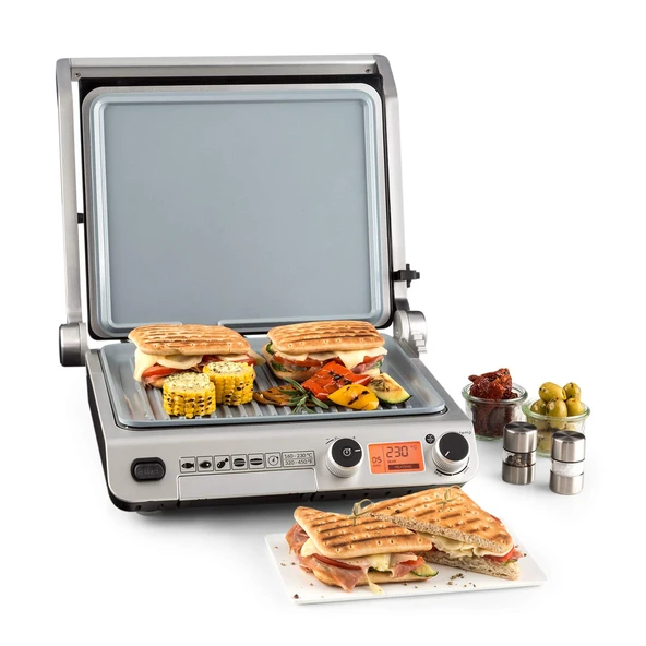 Klarstein Grand Gourmet Ceramic - 3'ü 1 arada temaslı ızgara, masa ızgarası, panini makinesi, 2000 W, 160-230 °C, 28 x 23 cm alüminyum ızgara yüzeyi, gümüş ürün görseli 1