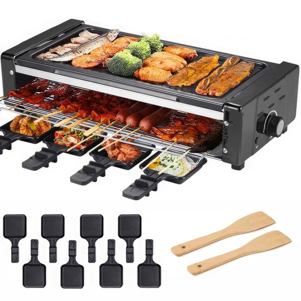Raclette Izgara, Kore Barbekü Izgarası, Taşınabilir Masaüstü Izgara, Yapışmaz Plakalı ve 8 Tepsili Elektrikli Izgara, İç Mekan Yapışmaz Elektrikli Izgara Plakası ürün görseli 1