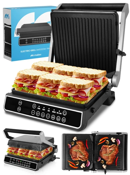 MalTec damlama tepsili temaslı ızgara SM5000W-PRO elektrikli ızgara 2500W Panini sandviç makinesi, 3 kızartma seviyesi, 5 program, çıkarılabilir plakalar ürün görseli 1