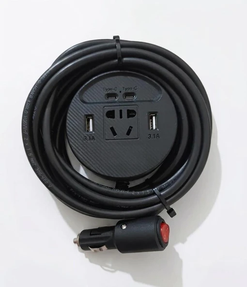 Araç Inverter 150W,2 USB,2 Type-C çıkışlı 12V/16 A /120W 2 X1,5mm TTR Bakır 5Mt-GG22 ürün görseli 1