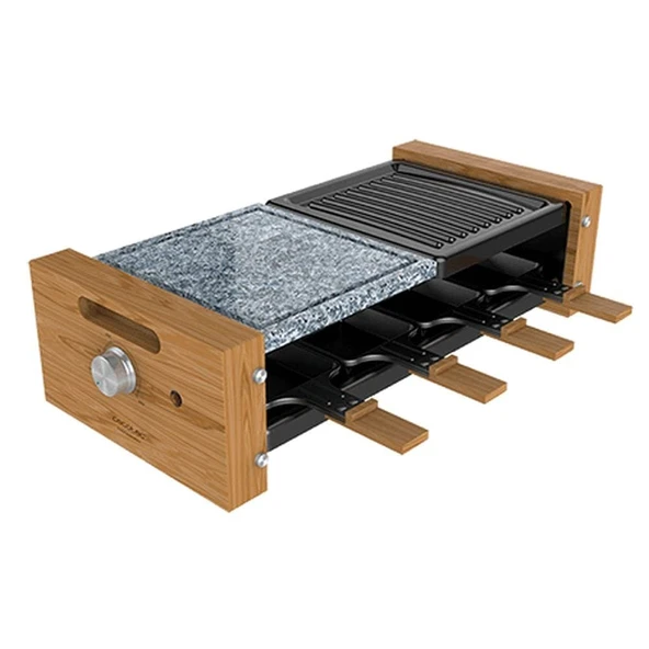 Cecotec Raclette Cheese&Grill 8400 Ahşap Karışımlı Izgara. Güç 1200 W, karışık ızgara ve plaka yüzeyi, ayarlanabilir termostat, 8 ayrı tava, çıkarılabilir tasarım. ürün görseli 1