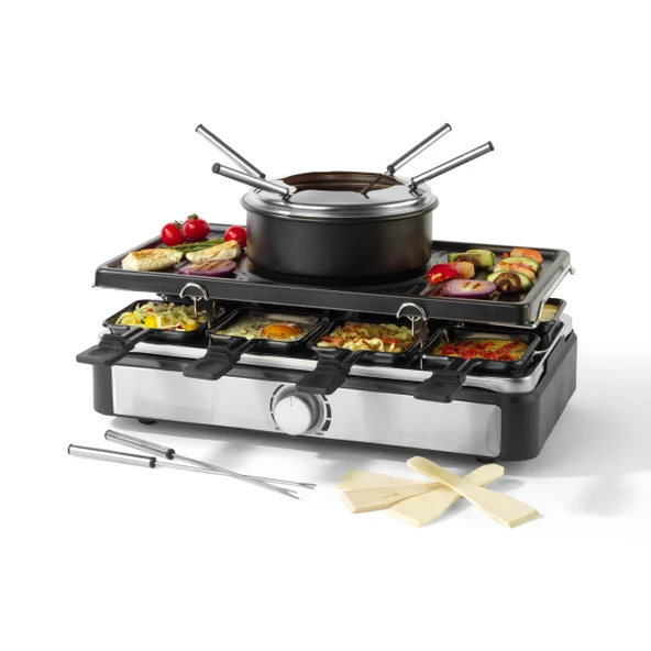 Petra 2'si 1 Arada Raclette ve Fondü, 8 Kişilik Büyük Teppanyaki Izgara, Dumansız Elektrikli Izgara, Daldırma Çatallı 1,3 L Fondü Kabı, Sosyal Akşamlar için Ahşap Spatulalar ve Sürgüler Dahil ürün görseli 1