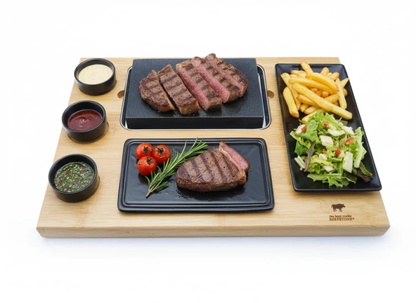 BEEFSTONE Sıcak Taş Lava Taş Biftek Tahtası Model EVO, arduvaz görünümlü tabak, 3 daldırma kasesi ve bir yan tabak, 8 parça, Sıcak Taş Biftek ürün görseli 1