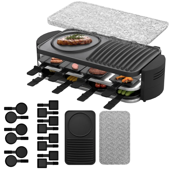 ACXIN 8 kişilik Raclette ızgara Doğal taşlı ve yapışmaz ızgara plakalı 2'si 1 arada masa ızgarası 1600W 14 tava içerir Aile kutlamaları ve partiler için ideal ürün görseli 1