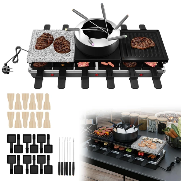 XMTECH çok işlevli masa ızgarası 1650 W, doğal taş ve yapışmaz plakalar, güveç, 12 mini ızgara plakası, paslanmaz çelik çatallar ve tahta spatulalarla birlikte 12 kişilik ürün görseli 1