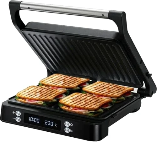 Olvy Tost makinesi XXL, yapışmaz plakalı dijital temaslı ızgara, 3'ü 1 arada panini makinesi, 180° açık ızgara, ayarlanabilir sıcaklık, zamanlayıcı, geniş pişirme yüzeyi, soğuk dokunuşlu tutma kolu ürün görseli 1