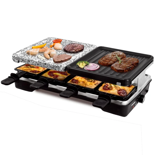 Syntrox Germany RAC-1200W-8 kişilik sıcak taşlı Brugg raclette ızgara - bölünmüş tabaklar ve 8 tava ürün görseli 1