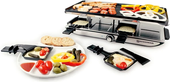 Swissmar Cenevre Raclette 8 kişilik, tavalı ve sürgülü ızgara, dökme alüminyumdan yapılmış yapışmaz kaplamalı ızgara plakası ve 8 tava, 1400W ürün görseli 1