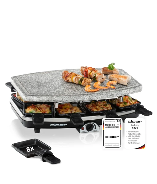 Cloer 6430 Doğal taşlı Raclette ızgara, 1200 watt, ısı yalıtımlı kulplarla yapışmaz kaplamalı 8 tava, tam plaka ürün görseli 1