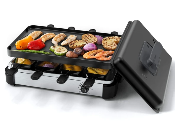 Raclette ızgara, Muchen 8 kişilik elektrikli kapaklı raclette masa ızgarası, çift taraflı çıkarılabilir yapışmaz ızgara ve 8 raclette tava dahil, 1200W MUEU-Elektrikli Izgara 108B Siyah ürün görseli 1