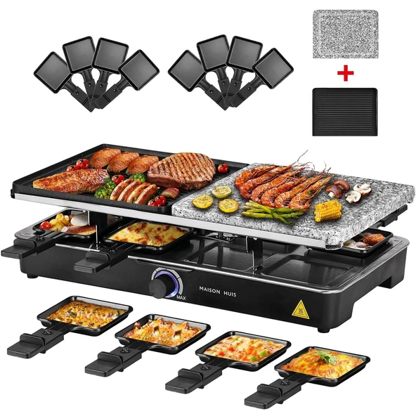 MAISON HUIS Raclette Grill 2'si 1 arada, doğal ızgara taşlı ve 8 kişilik ızgara plakalı, 1400 watt, siyah, modern, yapışmaz kaplama, paslanmaz çelik, plastik ürün görseli 1