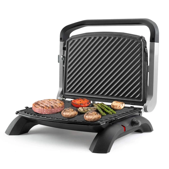 Taurus Grill&Co Plus elektrikli ızgara + sıcaklık kontrollü ızgara plakası, 180° açılabilir, çıkarılabilir yapışmaz plakalar PFOA içermez, kendi kendini düzenleyen üst plaka, siyah ürün görseli 1
