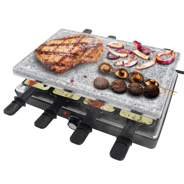 YRHome 1400W 8 kişilik raclette ızgara, taş tabak ve ızgara plakası, masa ızgarası, 8 tava ve tahta spatula, kademesiz ayarlanabilir sıcaklık, çoklu ızgara ürün görseli 1